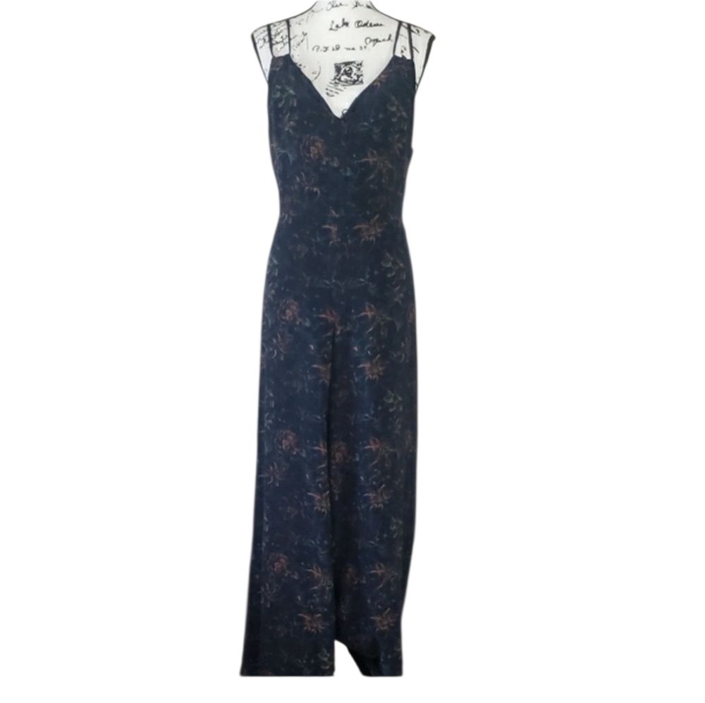 Anthropologie Seen Worn Kept 100% Silk Floral Navy  Jumpsuit Size 12